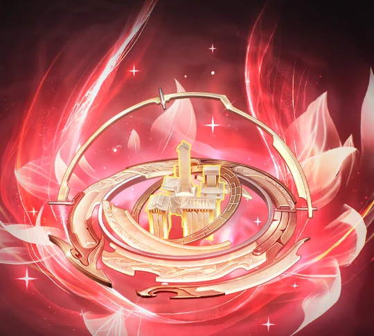 金色环轨托着一座微缩的白玉城阙，四周是朱红的光焰与花瓣