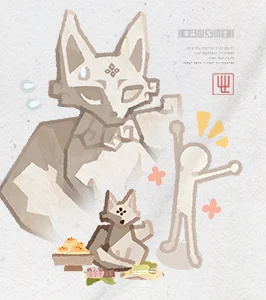 一尊小狐雕像，旁边摆着供品，一个小人朝它挥手